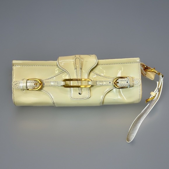 Jimmy Choo Tulita Patent Leather Clutch Wristlet Cream Y2K